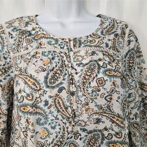 Talbots Paisley Print Blouse in Cream and Green Eyelet Buttons LS - Size XL